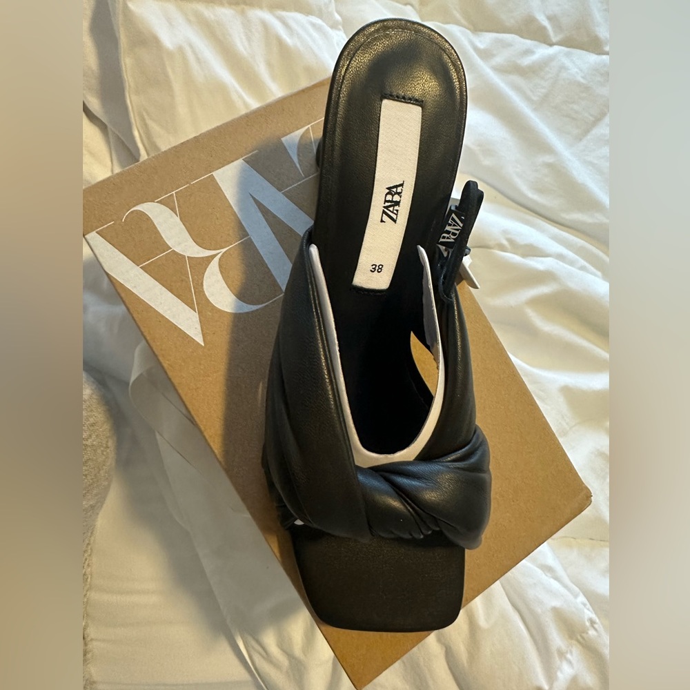Zara Black Square Toe Heels with Twist Strap - 7.5